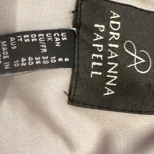 May include: A close-up of a black label with the brand name "ADRIANNA PAPELL" in white lettering. The label also includes size information for US, CAN, UK, EU/FR, DE, ES, IT, and AUS. The label reads "MADE IN INDIA".