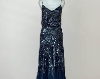 Adrianna Papell Art Deco Black Sequin Mesh Blouson Gown Size 6