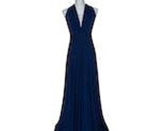 90s Royal Blue Knit Halter Empire Gown Slight Train with Exaggerated Tieback Size M