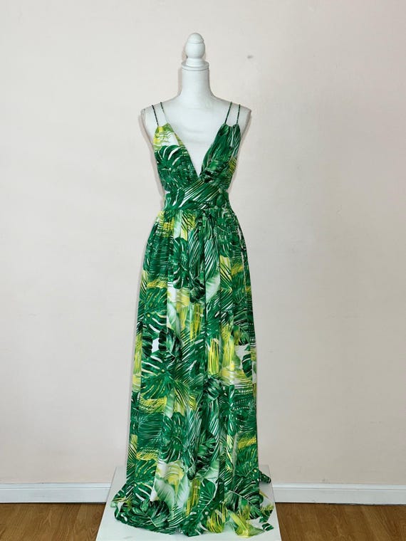 knee length dresses for ladies Green Tropical Print Cutout Maxi Dress - All Dresses