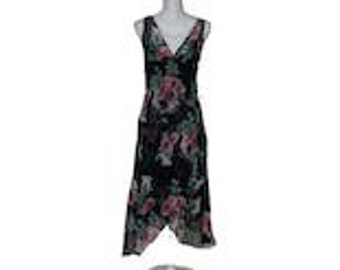 Tess Kleid 80er Jahre Wickelkleid Gr. 10 Schwarz Blümchen Seide Chiffon Wickelkleid