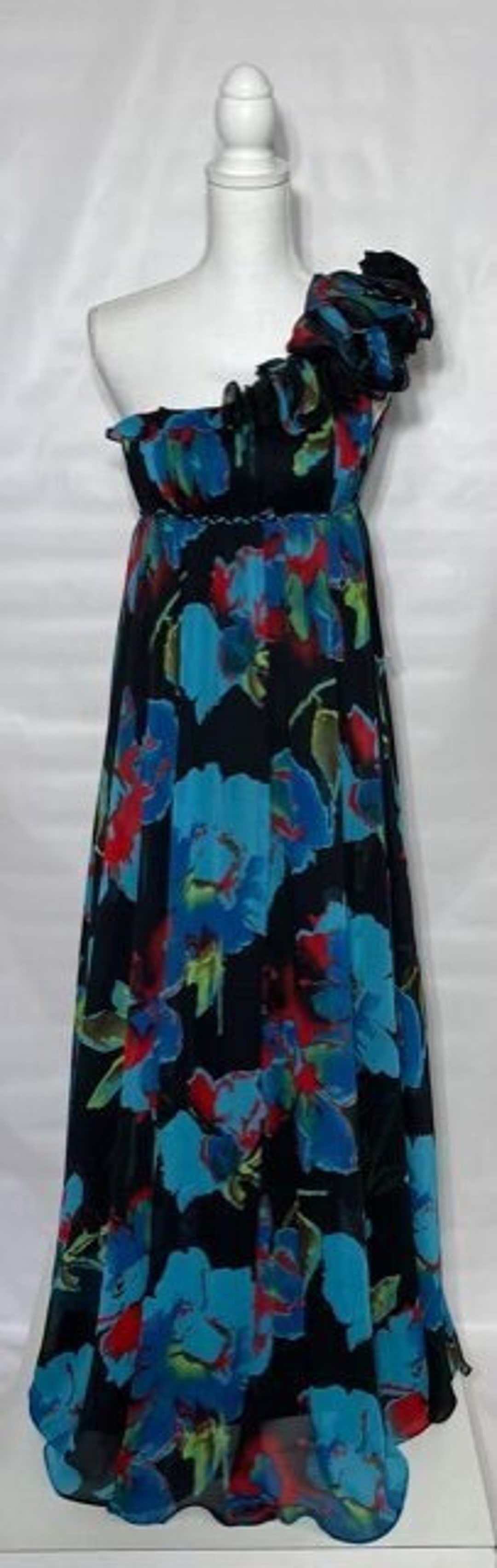 One Shoulder Chiffon Print Floral Blue Tea Length Gown