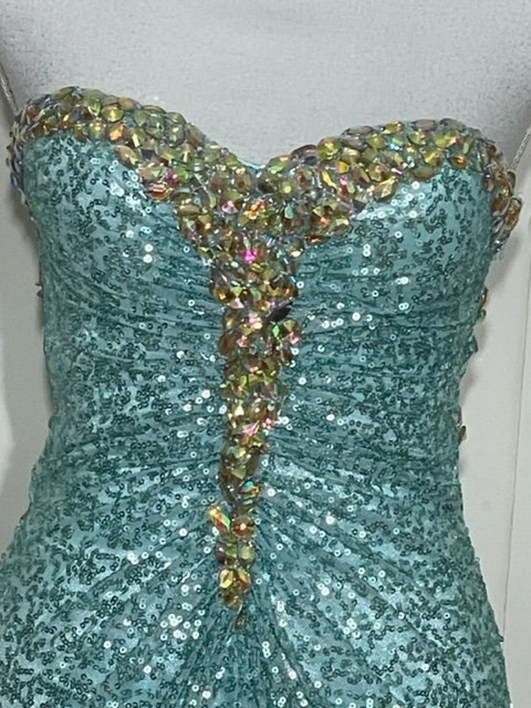 Aqua Sequin Gown With Gold Rhinestone Trim by Royal Queen - Etsy