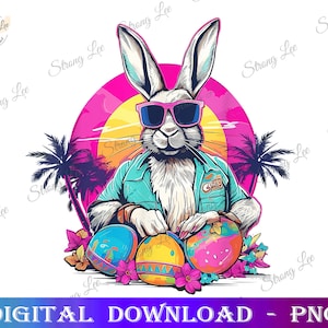 Cute Easter Bunny Retro Miami Look Colourful Eggs PNG, Easter Sublimation PNG Design, Hand Drawn Digital Download, Retro Miami Easter PNG