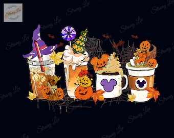 Halloween Spooky Season Pumpkin Iced Latte Coffee Digital Download, Witch Hat PNG, Pumpkin Spice Autumn Print Digital, Coffee Halloween PNG