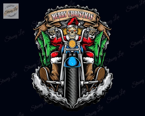 Santa Skull Biker Christmas Png, Santa Motorcycle Claus Rider
