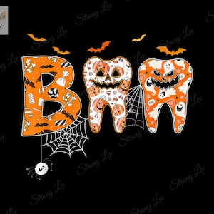 Peut inclure: Dents de style Halloween orange et blanc avec un motif de citrouille et de fantôme. Les dents sont à côté d'une lettre "B" avec un motif similaire. Le fond est noir.