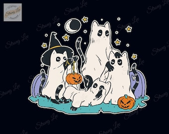Zwarte katten in Ghost Kostuum png, Ghost Cats png, Zwarte Katten Design png, Halloween Ghost, Cat Png, Ghost Png, Halloween Cat, Cat Lover png