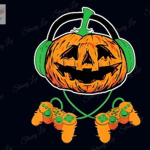 May include: A jack-o'-lantern wearing green headphones and holding two orange video game controllers. The jack-o'-lantern has a wide, toothy grin.