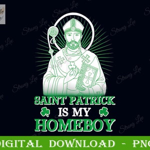 以下が含まれることがあります： クローバーと「SAINT PATRICK IS MY HOMEBOY」というテキストが書かれた本を持っている聖パトリックの緑と白のイラストです。