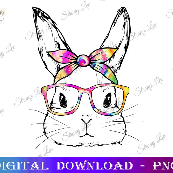 Teinture mignon lapin visage Whith Tie Dye lunettes le jour de Pâques, Pâques Sublimation PNG Design, téléchargement numérique dessiné à la main, le jour de Pâques PNG, visage de lapin