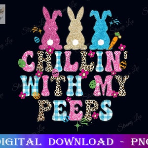 Chillin&#39; with my Peeps Bunny PNG, Wielkanocny projekt sublimacji PNG, Ręcznie rysowane pobieranie cyfrowe, Dzień Wielkanocy PNG, Królik Leopard Plaid Eggs Png
