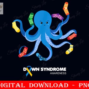 World Down Syndrome Awareness Day Png, Octopus socks,  Down Syndrome Sublimation Design, Blue & Yellow Awareness Ribbon, Instant Download