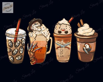 Horror Characters Coffee Pumpkin Spice Latte Warm Autumn Orange Png, Pumpkin Spice Autumn Print Digital, Coffee Halloween Png, Autumn png
