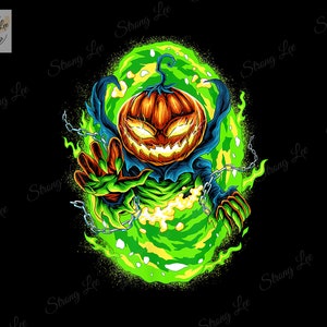 May include: A digital illustration of a Halloween-themed character. A glowing orange jack-o'-lantern head with a sinister grin emerges from a green portal. The character's green hand reaches out, chained with silver links, against a black background.
