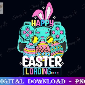 Puede incluir: Un mando de videojuegos azul y verde con orejas de conejo y tres huevos de Pascua. El texto "HAPPY EASTER LOADING..." está escrito en letras pixeladas.