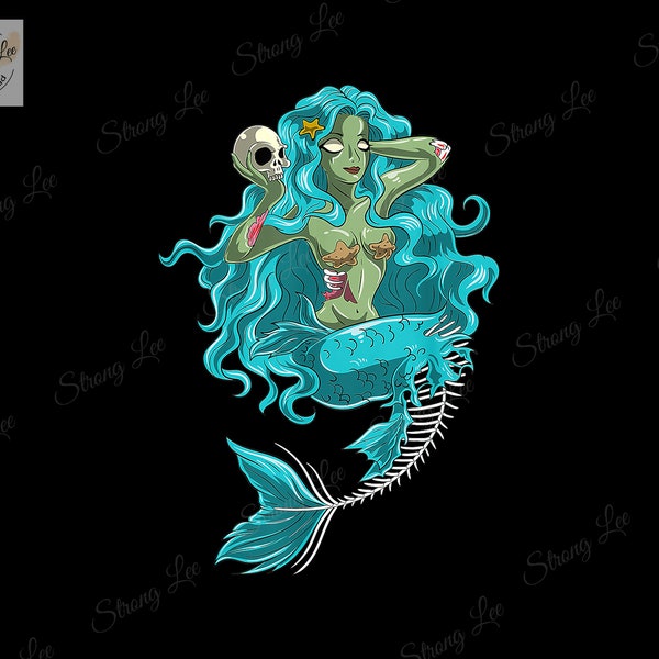 Halloween Zombie Pin Up Skeleton Mermaid Digital Download, Skeleton Mermaid PNG, Skeleton Mermaid Print Digital, Mermaid Halloween PNG