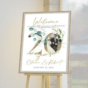 Gold Grün Blumen 20-jähriges Jubiläum Willkommensschild Vorlage, Foto Hochzeit Willkommensschild, 20-jähriges Jubiläum Foto Benutzerdefiniertes Schild, 20THA