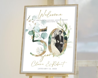 Plantilla de letrero de bienvenida para el 50.° aniversario con flores doradas y verdes, letrero de bienvenida para bodas con foto, letrero personalizado con decoración para el 50.° aniversario, 50THA