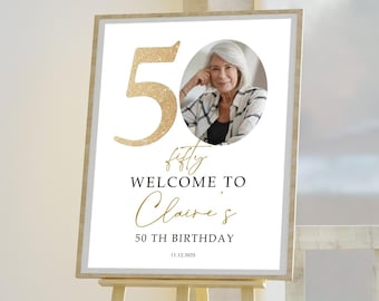 Gold Number 50th Welcome Sign Template, Modern 50th Welcome Sign, 50th Poster with Photo, Birthday Black and Gold Welcome Template, 50THBI