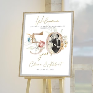 Gold Floral 50th Anniversary Welcome Sign Template, Photo Wedding Welcome Sign, 50th Anniversary Decoration,  Anniversary Custom Sign, 50THA