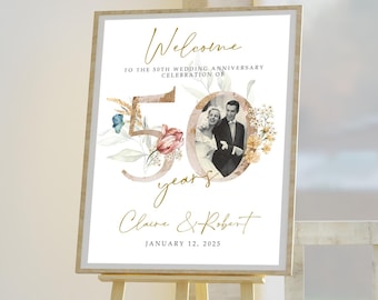 Plantilla de letrero de bienvenida para el 50.° aniversario con flores doradas, letrero de bienvenida para bodas con foto, decoración del 50.° aniversario, letrero personalizado para aniversario, 50THA