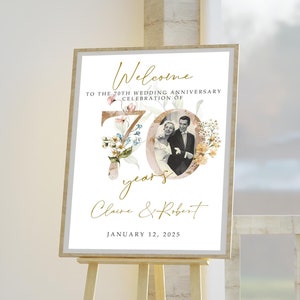 Modèle de plaque de bienvenue florale or 70e anniversaire, plaque de bienvenue de mariage photo, décoration 70e anniversaire, plaque personnalisée anniversaire, 70THA