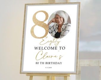 Gold Number 80th Welcome Sign Template, Modern 80th Welcome Sign, 80th Poster with Photo, Birthday Black and Gold Welcome Template, 80THBI