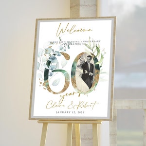 Gold Grün Blumen 60. Jahrestag Willkommensschild Vorlage, Foto Hochzeit Willkommensschild, 60. Jahrestag Dekoration Benutzerdefiniertes Zeichen, 60THA