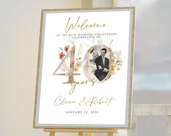 Gold Floral 40th Anniversary Welcome Sign Template, Photo Wedding Welcome Sign, 40th Anniversary Decoration,  Anniversary Custom Sign, 40THA