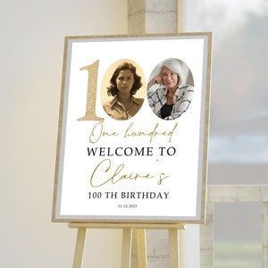 Plantilla de letrero de bienvenida con número 100 en dorado, letrero de bienvenida moderno con número 100, póster con foto del número 100, plantilla de bienvenida en dorado y negro para cumpleaños, 100THBI