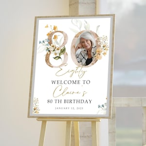 Plantilla de cartel de bienvenida con número 80 y flores doradas, cartel moderno de bienvenida para 80 años, póster con foto, plantilla de cumpleaños en negro y dorado, 80THBI