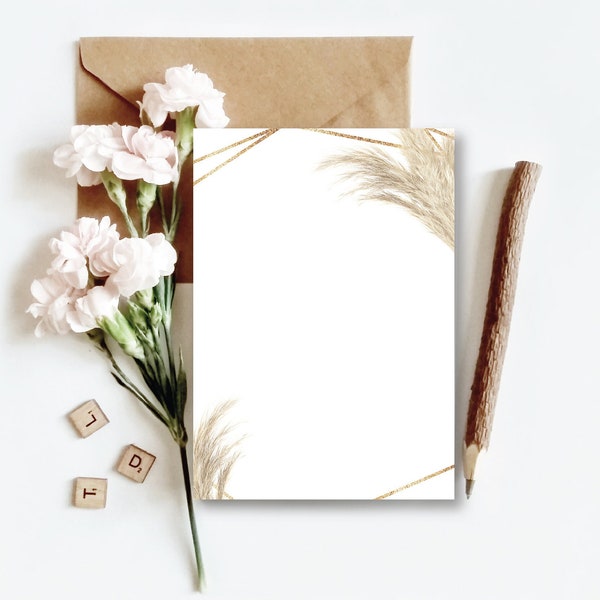 Boho Pampas Grass Gold Border Microsoft Word Template, Elegant Template, 5x7, 4x6, Blank Editable, Gold Frame, Instant Download, PMPS
