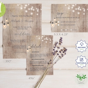 Ensemble modèle de faire-part de mariage rustique, bois rustique et lumières de maçon, téléchargement immédiat, modèle auto-modifiable, téléchargement immédiat, RWDG