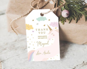 Unicorn Birthday Favor Tag Editable Template, Magical Birthday, Thank You Tags, Label Rainbow Birthday Gift Tags,Pastel Girl Template, UNC