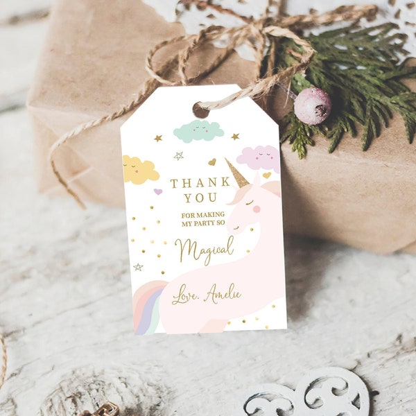 Unicorn Birthday Favor Tag Editable Template, Magical Birthday, Thank You Tags, Label Rainbow Birthday Gift Tags,Pastel Girl Template, UNC