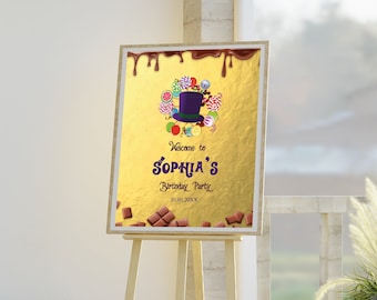 Golden Ticket Welcome Sign Tamplate, Chocolate Factory Birthday Custom Sign, Ticket Theme Evite, Custom Sign Template Instant Download, WWNK