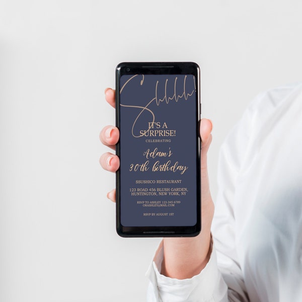 Shhh Its A Surprise Navy Gold Digital Any Age Birthday Text Invitation Template, Editable Diy Invite, Message Invite, Phone Evite