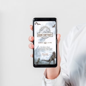 Modello di invito di compleanno digitale, tema dinosauro per la festa dei dinosauri per cellulare, invito alla festa a tema compleanno per bambini, download istantaneo