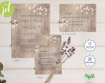 Rustic Wedding Invitation Set Template , Rustic Wood And Mason Lights, Instant Download, Self - Editable Template, Instant Download, RWDG