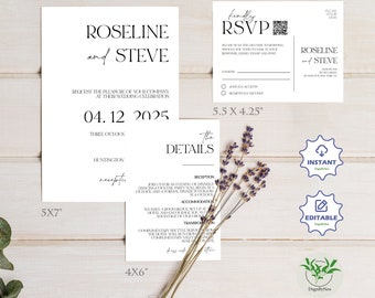 Set di modelli di inviti di nozze in bianco e nero, monogramma di nozze minimalista, codice QR RSVP, invito di nozze modificabile, download immediato