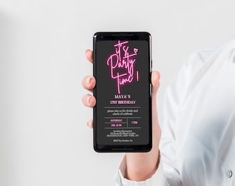 Black Pink Neon Light Digital Birthday Invitation Template, Text Message Phone Invite, Hot Pink Glow, Teen Party, Girl Party, Any Age Mobile