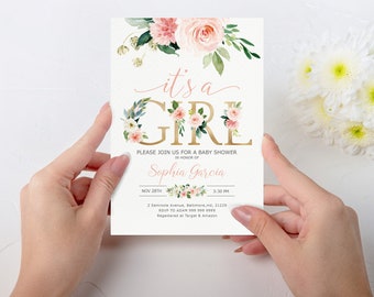 Blush Pink Floral Baby Shower Invitation Template, It’s a girl Printable Baby Shower Invite, Instant Download, Girl Baby Shower, BPINK