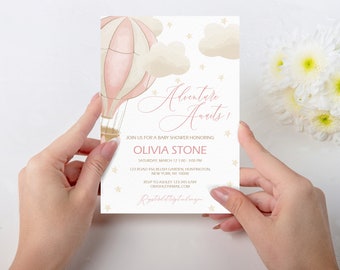 Pink Hot Air Balloon Baby Shower Invitation Template, Girl Baby Shower Invite, Adventure Awaits Editable Printable Invite, PBCHBBS