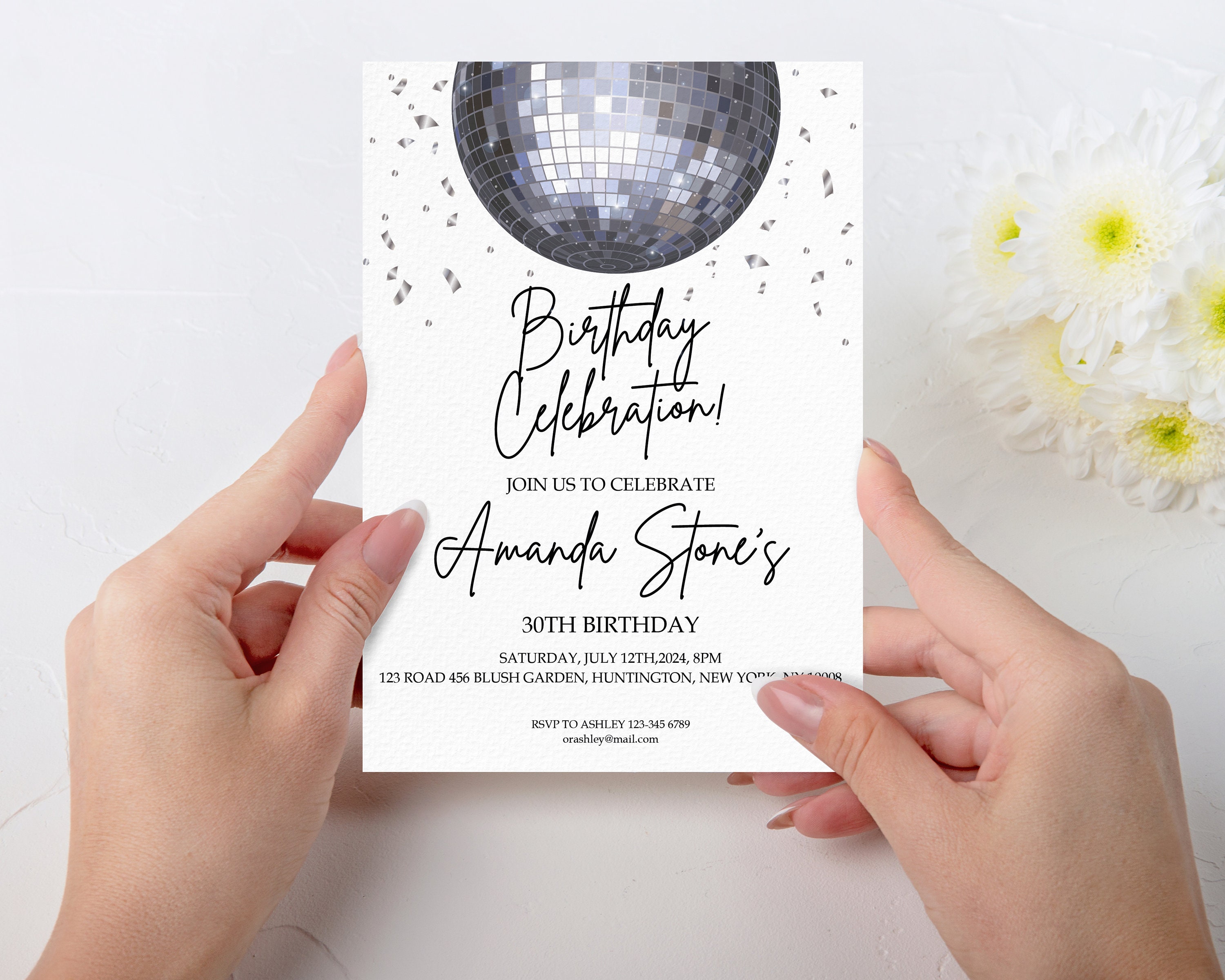 White Black Silver Disco Ball Theme Birthday Invitation Template, Disco Bday, Simple Printable  Minimalist Invite, Digital Download, DBALL