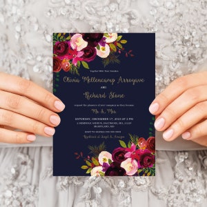 Romantic Navy Fall Elegant Wedding Invitation Template, Navy Blue, Burgundy, Blush, Roses, Gold, Shimmery, Elegant, Instant Download