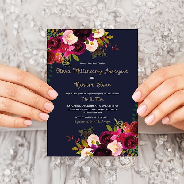 Romantic Navy Fall Elegant Wedding Invitation Template, Navy Blue, Burgundy, Blush, Roses, Gold, Shimmery, Elegant, Instant Download