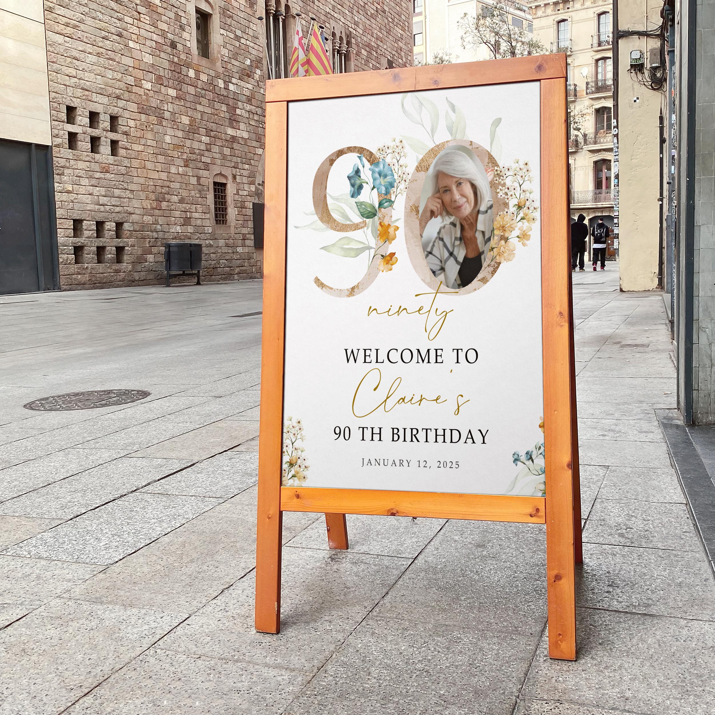 Gold Floral Number 90th Welcome Sign Template, Modern 90th Welcome Sign ...