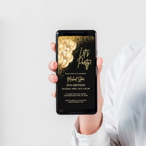 Digital Black Gold Birthday Party Invitation Template, Gold Balloons ...