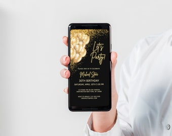 Digital Black Gold Geburtstagsfeier-Einladung Vorlage, Gold-Ballons, Gold-Glitter, bearbeitbare Vorlage, Instant Download